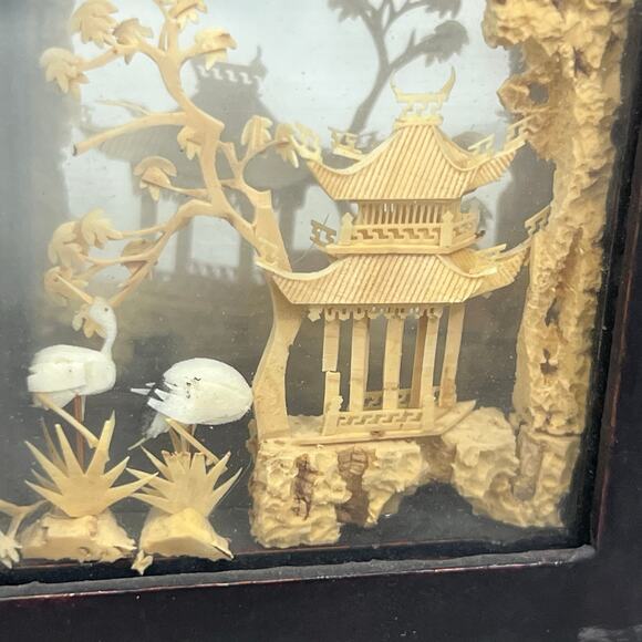 Vintage Asian Carved Cork Diorama Black Lacquer 4 Panel Mini Folding Screen - Picture 15 of 16